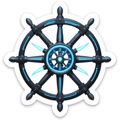 A Discord emoji of a black iron mechanical propeller or anchor with glowing blue energy lines. Steampunk-gothic fusion, high visibility, white background. sticker