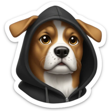 dog wearing a black hoodie with a big white x on it sticker