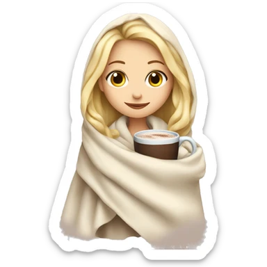 pretty blonde girl wrapped in big blanket drinking hot chocolate  sticker
