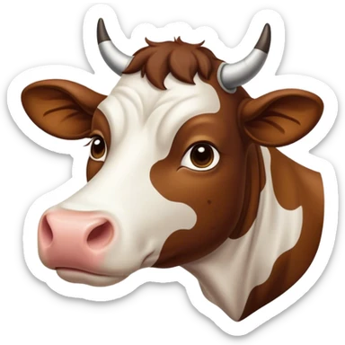 Cinematic Noble Brown and White Cow Portrait Emoji, Poised and regal, with a large, sturdy build and a beautifully patterned hide of rich brown accented by crisp white patches, deep-set soulful brown eyes, Simplified yet sharp and sophisticated features, highly detailed, glowing with a soft, dignified glow, high shine, intelligent and calm, stylized with an air of pastoral majesty, focused and attentive, soft glowing outline, capturing the essence of a watchful and confident bovine guardian, so majestic it feels as though it could amble out of the screen with effortless authority! sticker