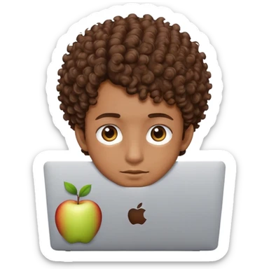 male with brown eyes and very short brown curly hair with a fade, peeking over an Apple laptop sticker