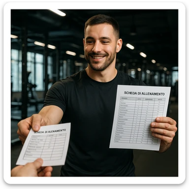 Uomo in palestra che cambia la scheda di allenamento, abbigliamento sportivo, tiene in mano una nuova scheda con scritte in italiano, mentre consegna la vecchia, atmosfera da palestra moderna, dettagli iperrealistici 4K, espressione soddisfatta. sticker