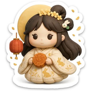 cute chibi girl in moon-white hanfu with gold moon rabbit patterns, osmanthus flower crown, jade rabbit hairpin, holding round lotus mooncake, floating red palace lanterns and osmanthus petals, pale gold full moon behind, cushion style, full body, transparent background sticker