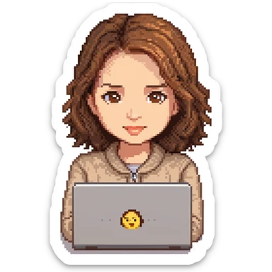 pixel art recreation of the Apple emoji 'woman technologist' with brown hair, brown eyes, light skin, and a laptop, closely matching the original emoji's pose and expression sticker