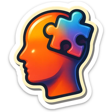 puzzle piece in head, clear outlines, strong shadows and highlights, psychosomatics and psychology theme, fun and not too complex sticker