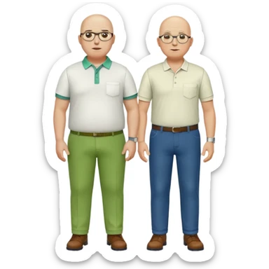 two guys, the first guy is white bald have glases a white dressshirt with rolled up sleeves and green pants he is over weight, The second guy has a yellow skin white golf shirt blue jeans and bald they should stand next to eachother sticker