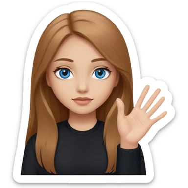 A girl with makeup, long light brown hair, blue eyes, with her palm up. with black clothes sticker