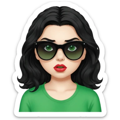 current charli xcx with her long black wavy hair, thick black out sunglasses, pale skin, closed pouting lips, and a bright green top that said brat in the brat font. sticker