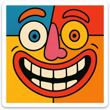 goofy absurd face with mismatched eyes and wide grin, fun and colorful sticker