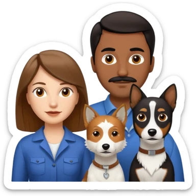 Quiero a una mujer blanca  con el pelo por el hombro lacio castaño  con un hombre de color morochito con el pelo negro y bigote, y un perro blanco Fox terrier  sticker