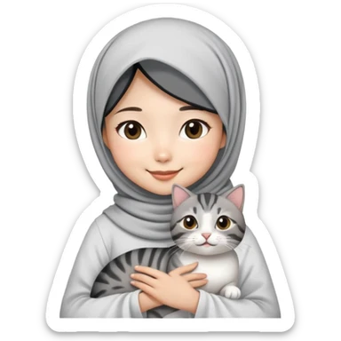 Asian White girl wearing cute hijab and white dress holding a black grey tabby cat while smiling.  sticker