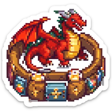 pixel art dragon, red, curled around treasure sticker