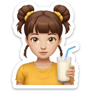 beautiful girl with brown hair with up twin buns style only, straight bangs, yellow eyes, milk brown tshirt, white skin, her body is a little fat  sticker