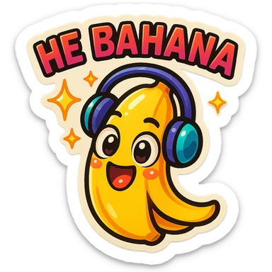 Funny cartoon banana, big happy smiling face, wearing tiny headphones, wide excited eyes, tiny sparkles around, text above: "НЕ БАНАНА ", chibi style, Twitch emoji style, colorful, transparent background sticker