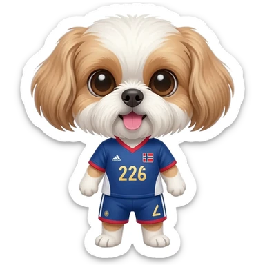 white and light brown shih zhu wearing a Norway soccer jersey v neck 2026 work cup sticker