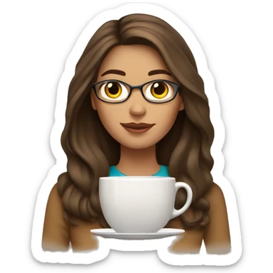 Brunette woman with brown eyes, light skin, straight long hair, an online tutor of English, she has a gold MacBook in front of her, a cup of latte and books  sticker