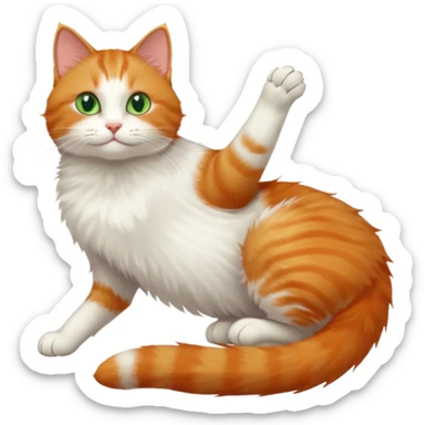 ginger and white cat with green eyes doing a big extremely long stretch reaching up into the air with arms and legs side by side together straight and overextended whilst lying on its side sticker