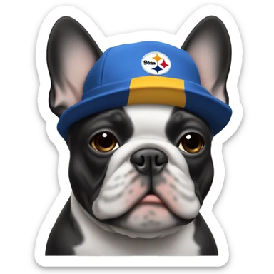 Blue frenchie with white mask wearing Steelers hat sticker