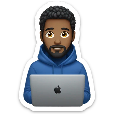 black hair white man with a beard  typing on apple computer wearing a dark blue nike hoodie sticker