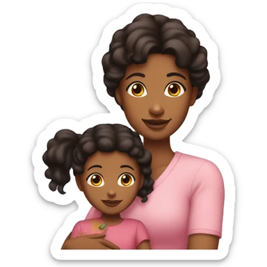 brown skinned babysitter with a black hair puff holding a with brown haired little girl sticker