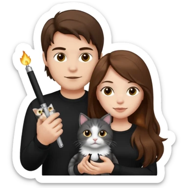 The man is wearing a black shirt and the women is wearing a black top and has longer hair. The cat is lighter  sticker