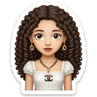 Light skin girl with dark brown very long curly hair, dark brown eyes, white Chanel dress  sticker