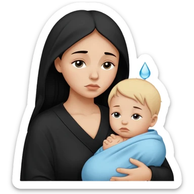 Minimalistic flat vector icon, iOS style, thin black contour on white background. Silhouette of a sad mother holding a baby, small tear drop. Clean, no text, no shadows sticker