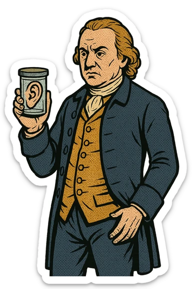 The full body of 1700s surgeon john hunter holding a small specimen jar containing a human ear which he is holding by his side sticker