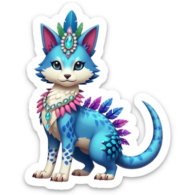 Kawaii cute colorful exotic tropical beautiful pretty elegant divine edgy feline-vernid-sergal-Fakémon-Pokémon-fursona-animal-creature with accessories, jewelries, full body, with intricate detailed markings, feathers, crystals, fins, headdress sticker