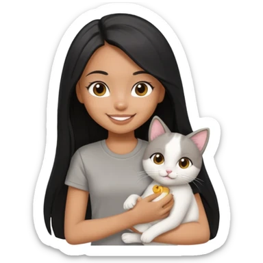 a pretty tan bratz girl with black long straight hair, wearing a grey tshirt smiling and holding a white cat\ sticker