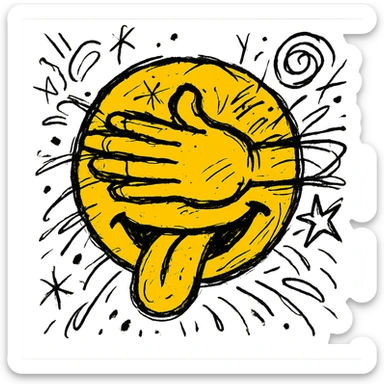 yellow emoji face sticking out its tongue, one hand flat and horizontal across its face, completely covering both eyes with fingers spread out, playful and chaotic energy sticker