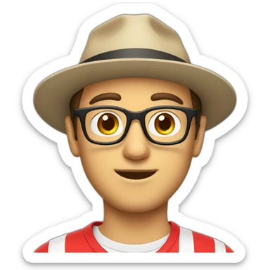 European guy with a hat, a red polo and glasses sticker