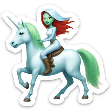 [politically incorrect
	{ woman: alien, color: light green, hair:red, eyes:cat} ]
	on a 
	[{ unicorn: white, legged:four, mane: light blue }] sticker