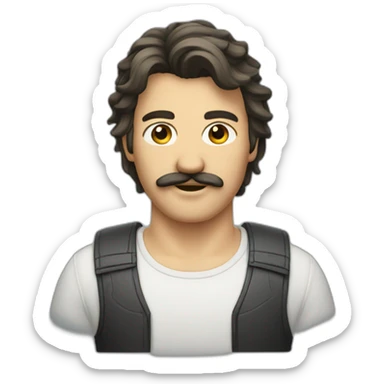 A guy with a mullet haircut and a moustache sticker
