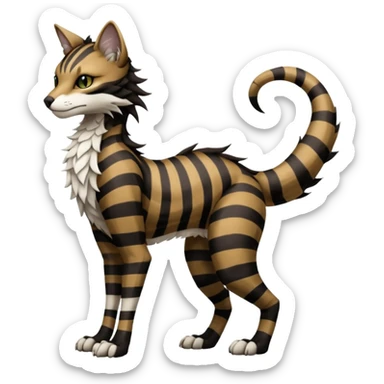 Brown and black and white striped fantasy feline-vernid-sergal-fursona animal creature with a tufted tail full body with intricate markings  sticker