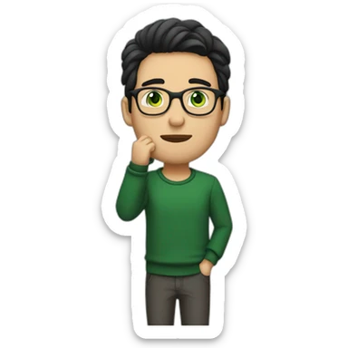 a guy with dark hair, green eyes and glasses. put his hand to his face and thought sticker