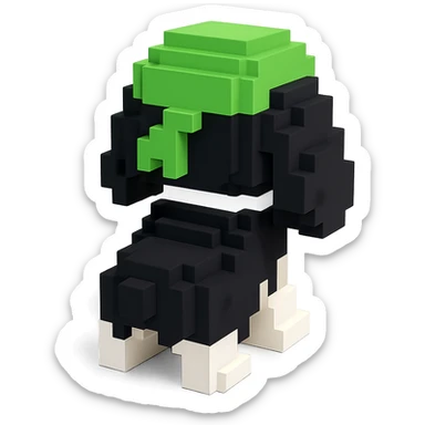 A black and white Russian Cocker Spaniel puppy wearing a green durag, voxel style, facing backward sticker