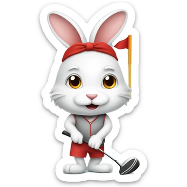 A rabbit with a red headband playing golf sticker