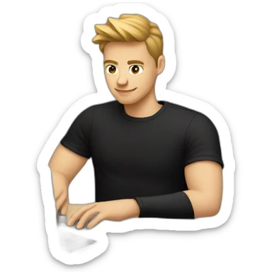 young white cool designer working on laptop no glasses wearing black t shirt sticker