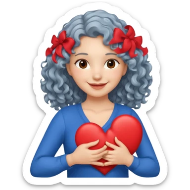 silver, wavy/curly hair chin-length lady giving hug with 2 arms, blue v-neck and smilingm add a heart sticker