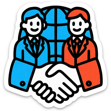 A colorful icon of a handshake between two businesspeople from different countries with a globe in the background, using only colors #1E90FF, #F13816, and #FFFFFF sticker