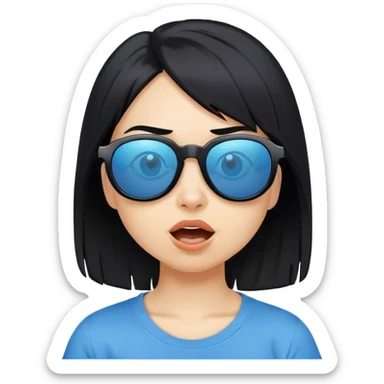 A girl with black bob hair with pony, wearing black sunglasses，funny(0.5) face (0.5)，wacky expression, a blue t-shirt. sticker