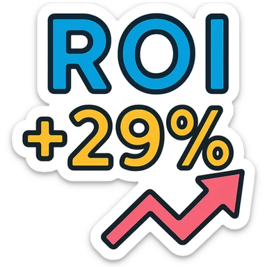 text 'ROI +29%' in bold modern font, lineal color icon style with black outlines sticker