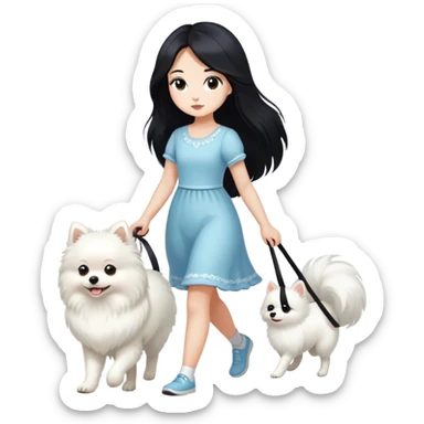 A girl with long black hair walks a white Pomeranian sticker