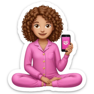 medium skin woman with curly brown hair wearing pink pajamas, iPhone emoji style sticker