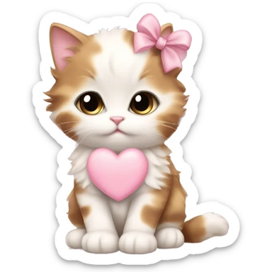calico fluffy fat kitten with pale pink bow holding a pale pink heart sticker