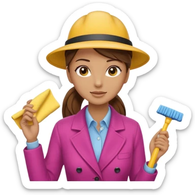 A cleaning Lady with Brown hair, high ponytail and yellow cleaning gloths is Talking to a Detektive with beige had, a beige coap and he is interviewing the cleaning Lady sticker