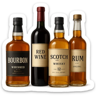 Four bottles of alcohol, each with distinct shapes and labels, arranged neatly in a row. The bottles should vary in color and size, with detailed labels and caps. sticker