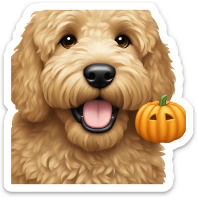 A goldendoodle with a pumpkin sticker