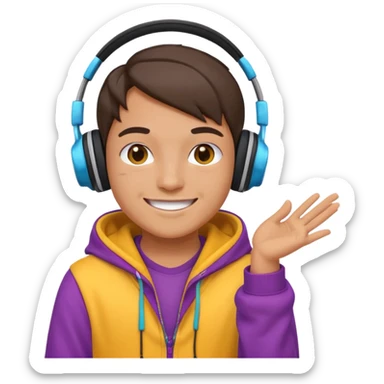 Kai Cenat, smiling, wearing headphones, animated pose, colorful hoodie, fun and lively, emoji style sticker